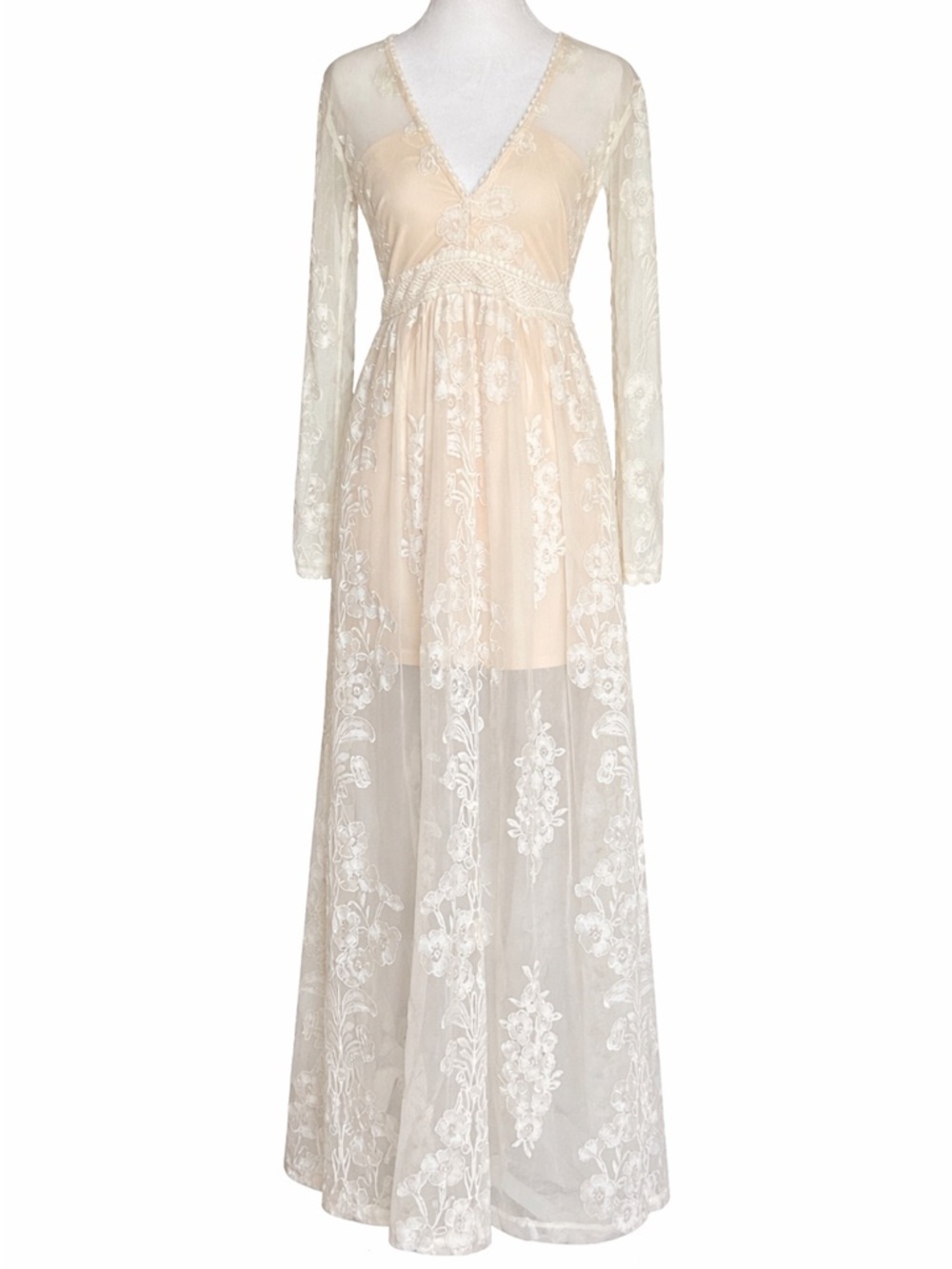 Altar'd State Norrie Maxi Dress XS White Lace Boho Wedding Engagement Nude Liner